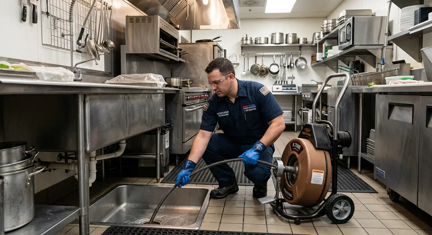 Commercial drain cleaning service in a restaurant kitchen in Pinole