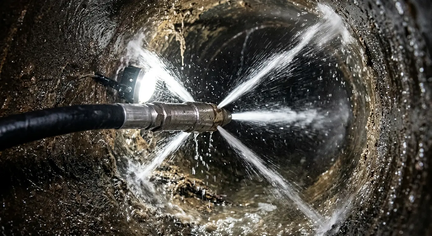 High-pressure hydro jetting nozzle cleaning sewer pipe for Sewer Cleanout in Pinole