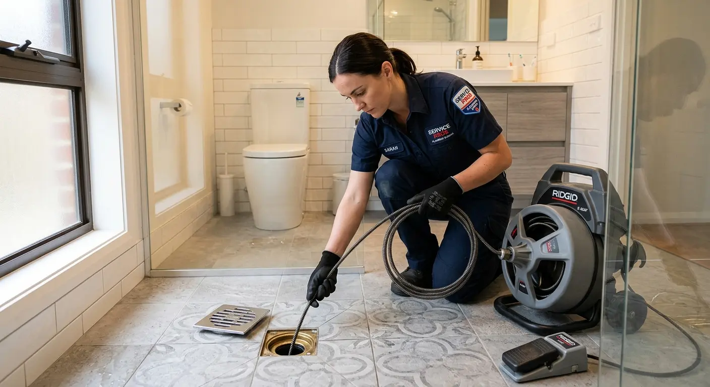 Technician clearing a bathroom floor drain for Drain Cleaning in Pinole